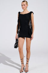NEVER BASIC RUFFLED MESH MINI DRESS IN BLACK