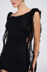 NEVER BASIC RUFFLED MESH MINI DRESS IN BLACK