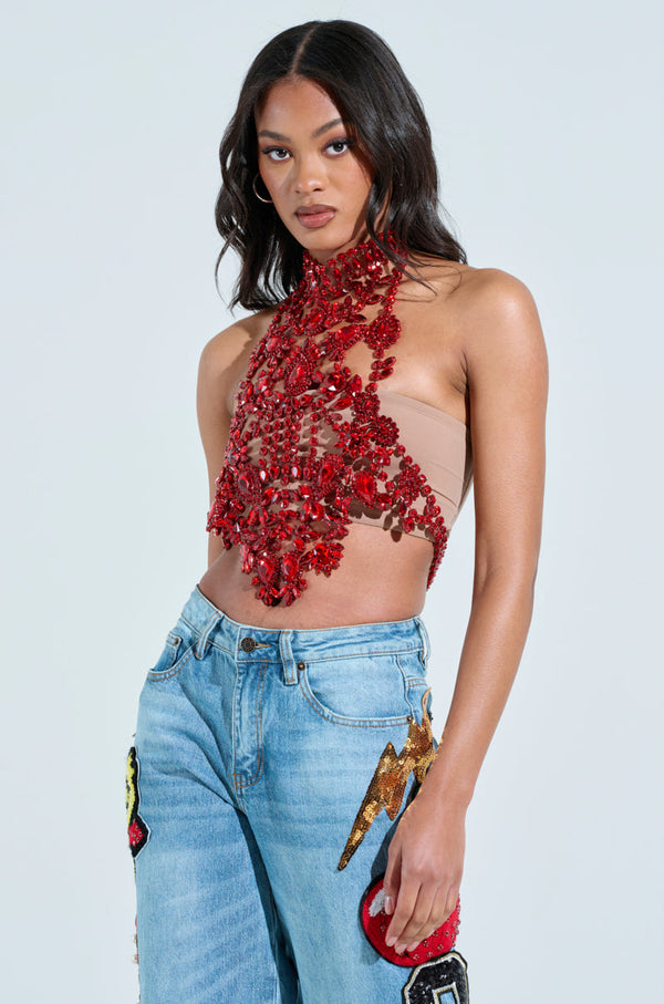 BURNING PASSION RHINESTONE MOCK NECK TOP