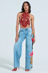 BURNING PASSION RHINESTONE MOCK NECK TOP