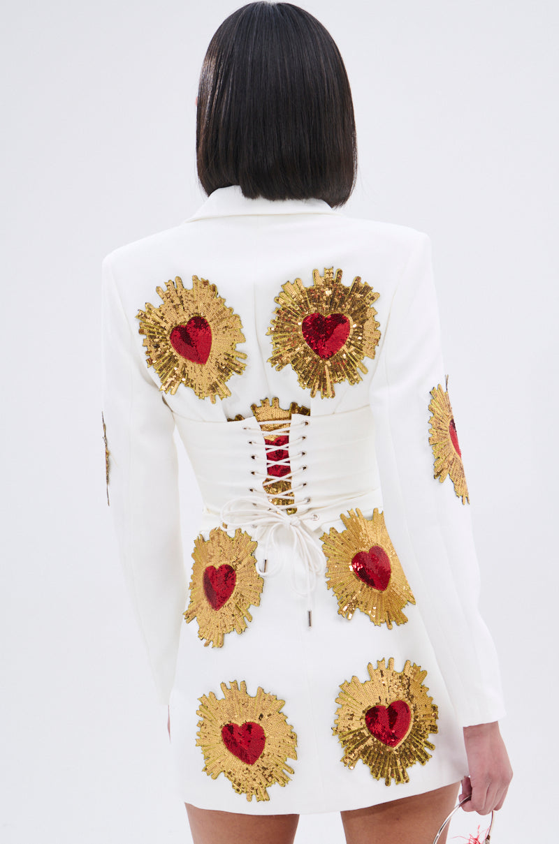 GLISTENING IN GOLD BLAZER DRESS IN WHITE