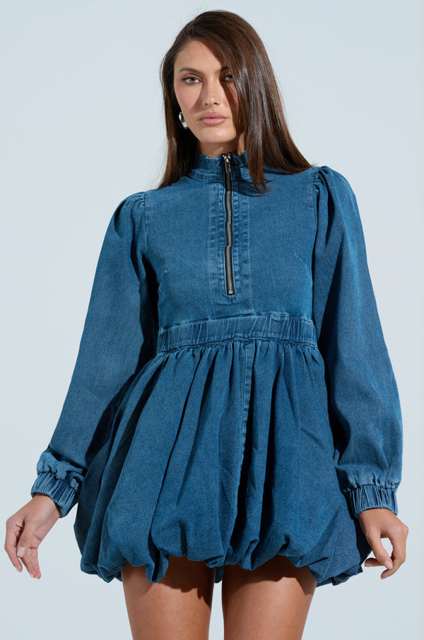 PASS THE BUBBLY DENIM MINI DRESS