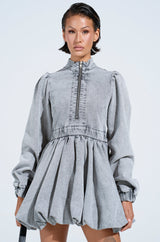 PASS THE BUBBLY DENIM MINI DRESS IN LIGHT GREY