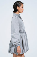 PASS THE BUBBLY DENIM MINI DRESS IN LIGHT GREY