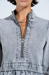 PASS THE BUBBLY DENIM MINI DRESS IN LIGHT GREY