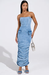 ASH STRAPLESS MAXI DRESS IN DENIM