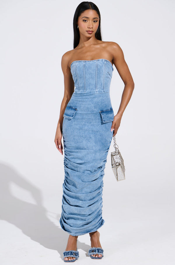 ASH STRAPLESS MAXI DRESS IN DENIM