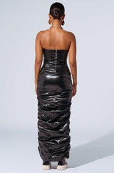 ASH STRAPLESS CARGO MAXI DRESS IN BLACK PU
