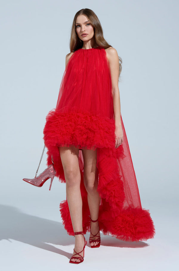 ARI TULLE RUFFLE HIGH LOW MINI DRESS IN RED