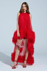 ARI TULLE RUFFLE HIGH LOW MINI DRESS IN RED