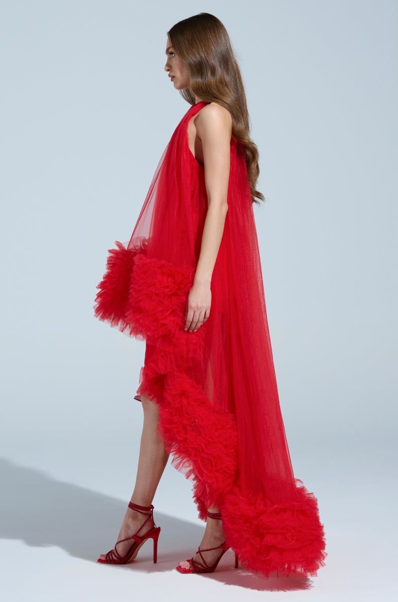 ARI TULLE RUFFLE HIGH LOW MINI DRESS IN RED
