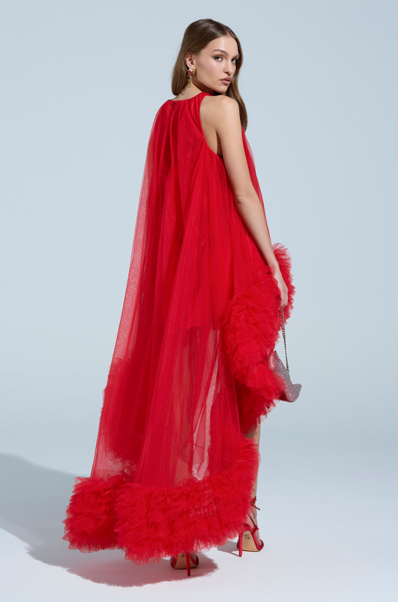 ARI TULLE RUFFLE HIGH LOW MINI DRESS IN RED