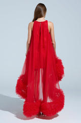 ARI TULLE RUFFLE HIGH LOW MINI DRESS IN RED