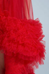 ARI TULLE RUFFLE HIGH LOW MINI DRESS IN RED
