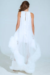 ARI TULLE RUFFLE HIGH LOW MINI DRESS IN WHITE