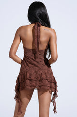 SPICY RUFFLE LACE MINI DRESS IN CHOCOLATE