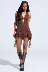 SPICY RUFFLE LACE MINI DRESS IN CHOCOLATE
