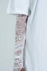 GIRLY BUT NOT LAYERED LACE MIDI DRESS IN WHITE