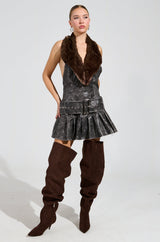 STEPPING OUT PU FUR TRIM MINI DRESS