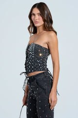 POPSTAR BLACK DENIM CORSET WITH RHINESTONE
