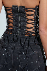 POPSTAR BLACK DENIM CORSET WITH RHINESTONE