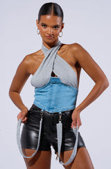 HOLLABACK GIRL HALTER NECK DENIM CORSET