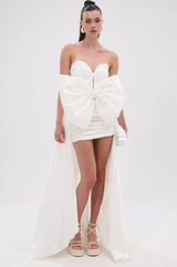SHE IS THE MOMENT MINI DRESS WITH TRAIN IN WHITE