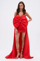 SHE IS THE MOMENT MINI DRESS WITH TRAIN IN RED