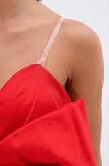 SHE IS THE MOMENT MINI DRESS WITH TRAIN IN RED