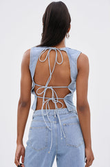PATCH DENIM BLOUSE TOP WITH OPEN BACK