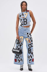 PATCH DENIM BLOUSE TOP WITH OPEN BACK