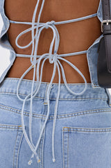PATCH DENIM BLOUSE TOP WITH OPEN BACK