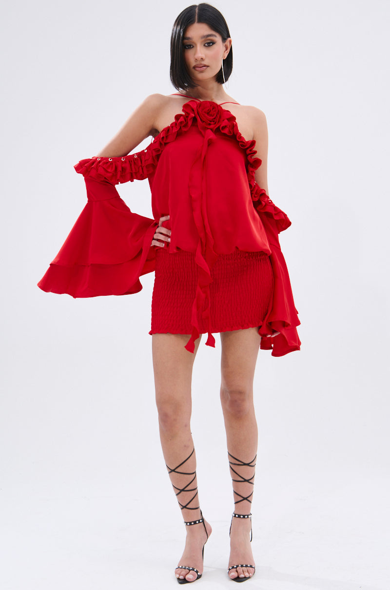 CHIC AF RUFFLE MINI DRESS IN RED