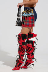 CALL ME BACK DENIM SKIRT WITH PLAID DETAIL