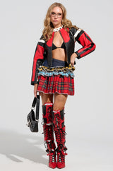 CALL ME BACK DENIM SKIRT WITH PLAID DETAIL