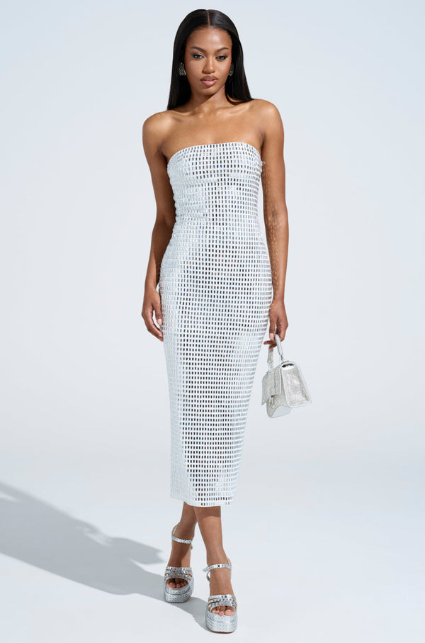 CAN'T SHINE BRIGHTER THAN ME RHINESTONE MIDI DRESS IN WHITE