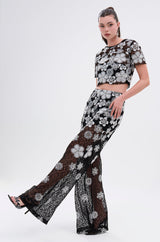 FLORAL SEQUIN MESH SHORT SLEEVE BLOUSE