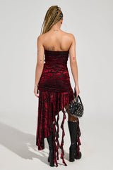 BELLA RUCHED RED VELVET BURNOUT MIDI DRESS