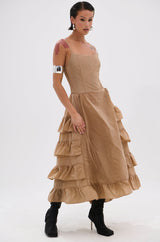 ADDED DRAMA RUFFLED MIDI DRESS IN KHAKI