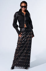 THE SNEAK PEEK STUDDED PU MIDI SKIRT IN BLACK