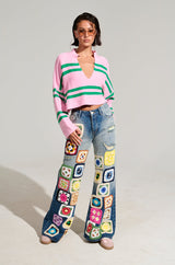 PEACE & LOVE CROCHET EMBROIDERED MID RISE DENIM