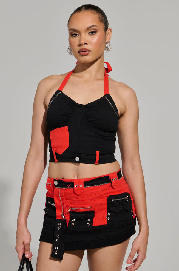 MOTOR SPORT CORSET TOP IN BLACK & RED