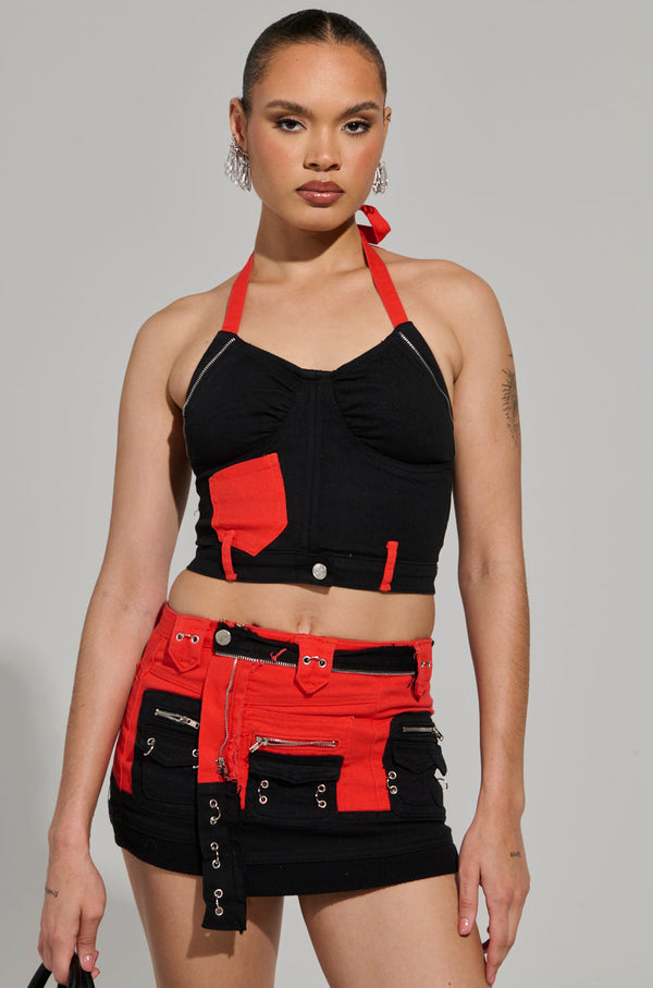 MOTOR SPORT CORSET TOP IN BLACK & RED