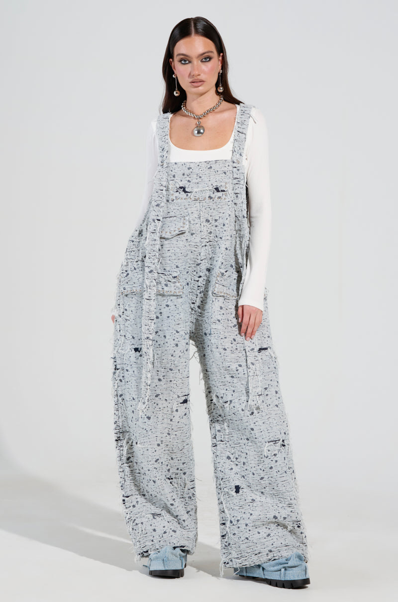 HERE TO SHRED DISTRESSED DENIM OVERALLS
