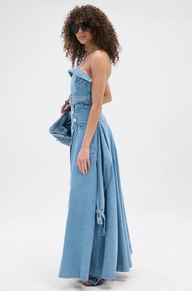 STRAPLESS TRENCH MAXI DRESS IN DENIM