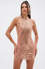 SHINE BRIGHT RHINESTONE MESH MINI DRESS IN ROSE GOLD