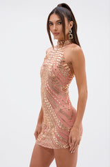 SHINE BRIGHT RHINESTONE MESH MINI DRESS IN ROSE GOLD