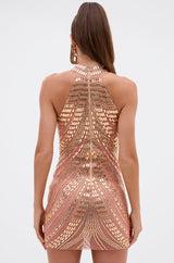SHINE BRIGHT RHINESTONE MESH MINI DRESS IN ROSE GOLD