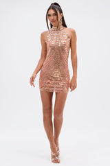 SHINE BRIGHT RHINESTONE MESH MINI DRESS IN ROSE GOLD