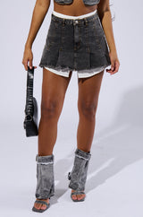 GET IT RIGHT DISTRESSED DENIM PLEATED MINI SKIRT